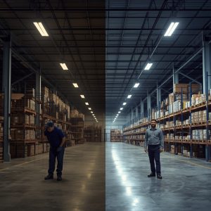 lucid-origin_Split_screen_comparison_of_a_warehouse._Left_side_old_yellow_flickering_fluoresc-0