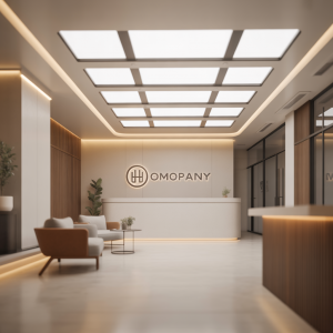 Современная приёмная с равномерным белым светом 5000K от потолочных LED-светильников — зона богатства по фэн-шуй