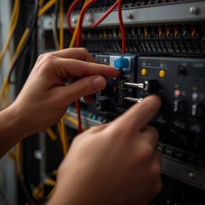 lucid-origin_Close-up_of_a_technician_s_hands_adjusting_a_professional_BUZO_controller_with_a-0