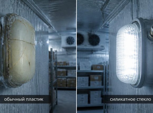 Сравнение: обычный пластиковый светильник растрескался на морозе, а VRN с силикатным стеклом работает при -60°C