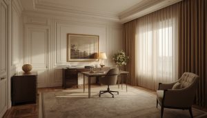 lucid-origin_An_elegant_expensive_home_office_interior._Warm_white_walls_dusty_beige_furnitur-0